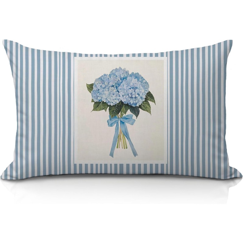 TEMU 1pc 2d Flat Printed Blue And White Striped Hydrangea Bouquet Rectangular Pillowcase, Fresh Pastoral Style Cushion Cover, Suitable For Outdoor