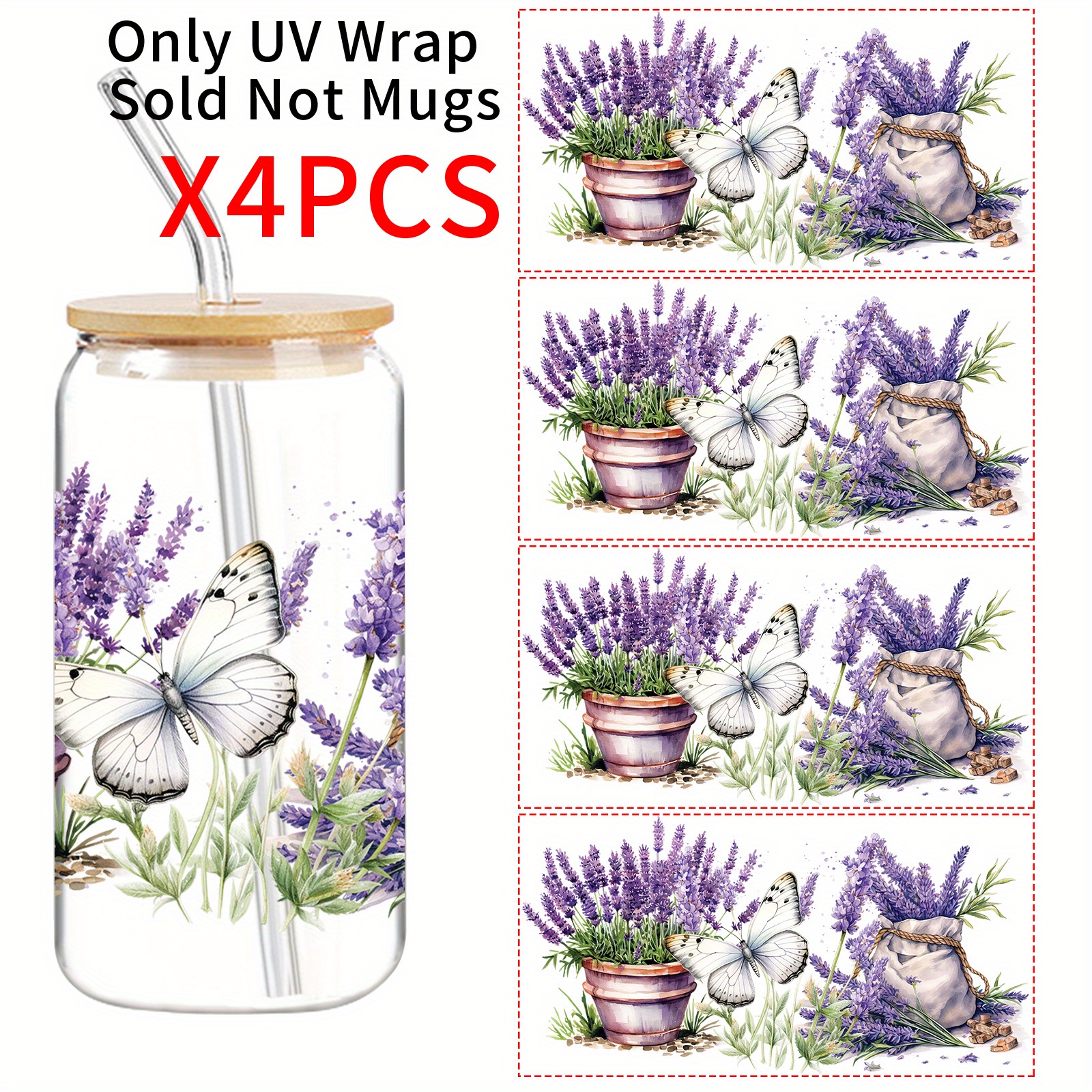 TEMU 4pezzo/Set Adesivi Trasferimento DTF UV, Adesivi con Motivo Lavanda e , Adatti per Tazze in Vetro da 16oz, Bottiglie, Laptop e Frigoriferi,