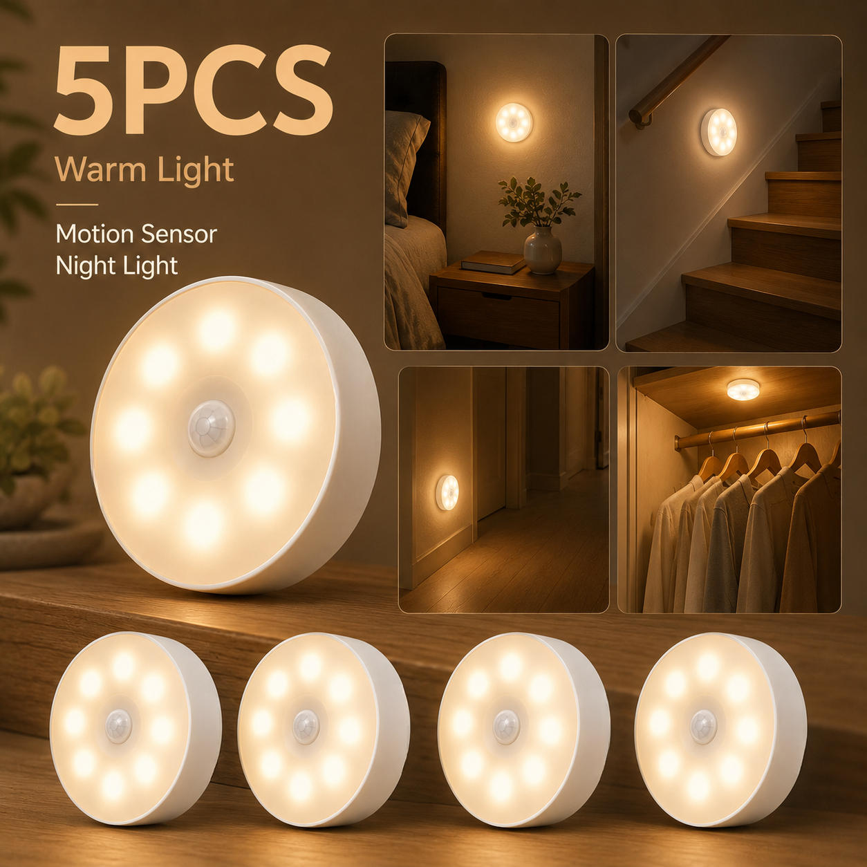 TEMU 5pcs Pir Motion Sensor Cabinet Lights, Automatic With White Or Warm , Usb Rechargeable Smart Home Ambient Lighting, Handheld Or Wall-mountable