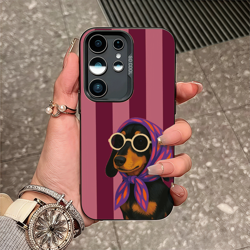 TEMU Phone Case: 1 Fashionable Trendy Pink-purple Striped Bandana Dachshund Shiny Imd Color Silver Anti-fall Phone Case For Galaxy S25/24/23