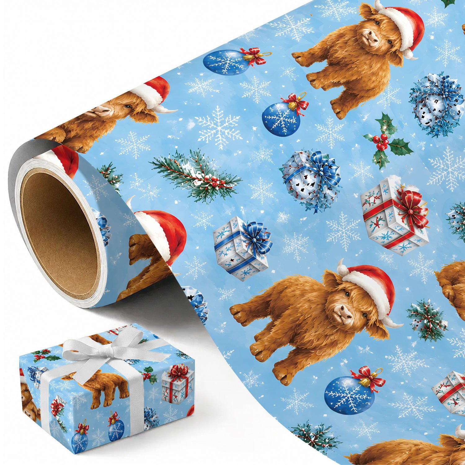 TEMU Rouleau de de Noël Vache Highland - 17,7 pouces x 118 pouces, Joli emballage cadeau d'hiver bleu pour les fêtes avec motif de vache Highland,
