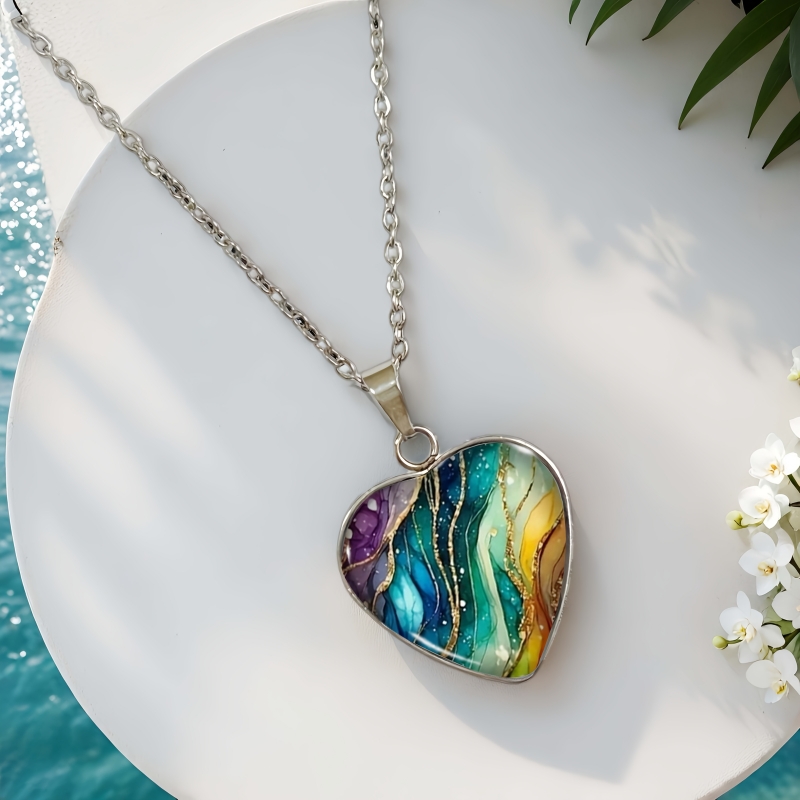 Bohemian Colorful Pattern Heart Necklace, Stylish Gift for Women