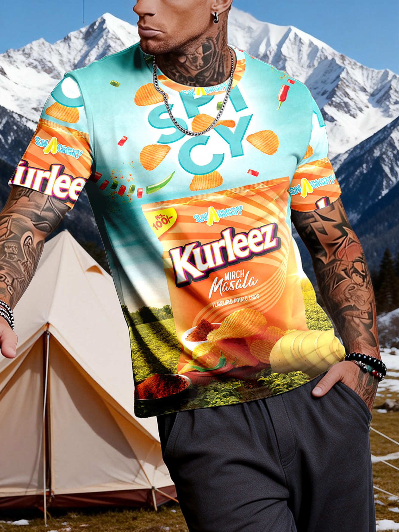 1pc Striped Masala Spicy Potato Chips Print Breathable Soft Round Neck Short Sleeve T-Shirt Suitable for Daily And Outdoor Activities - a Versatile Casual Style for All Seasons, a Must-Have for Fishing Enthusiasts