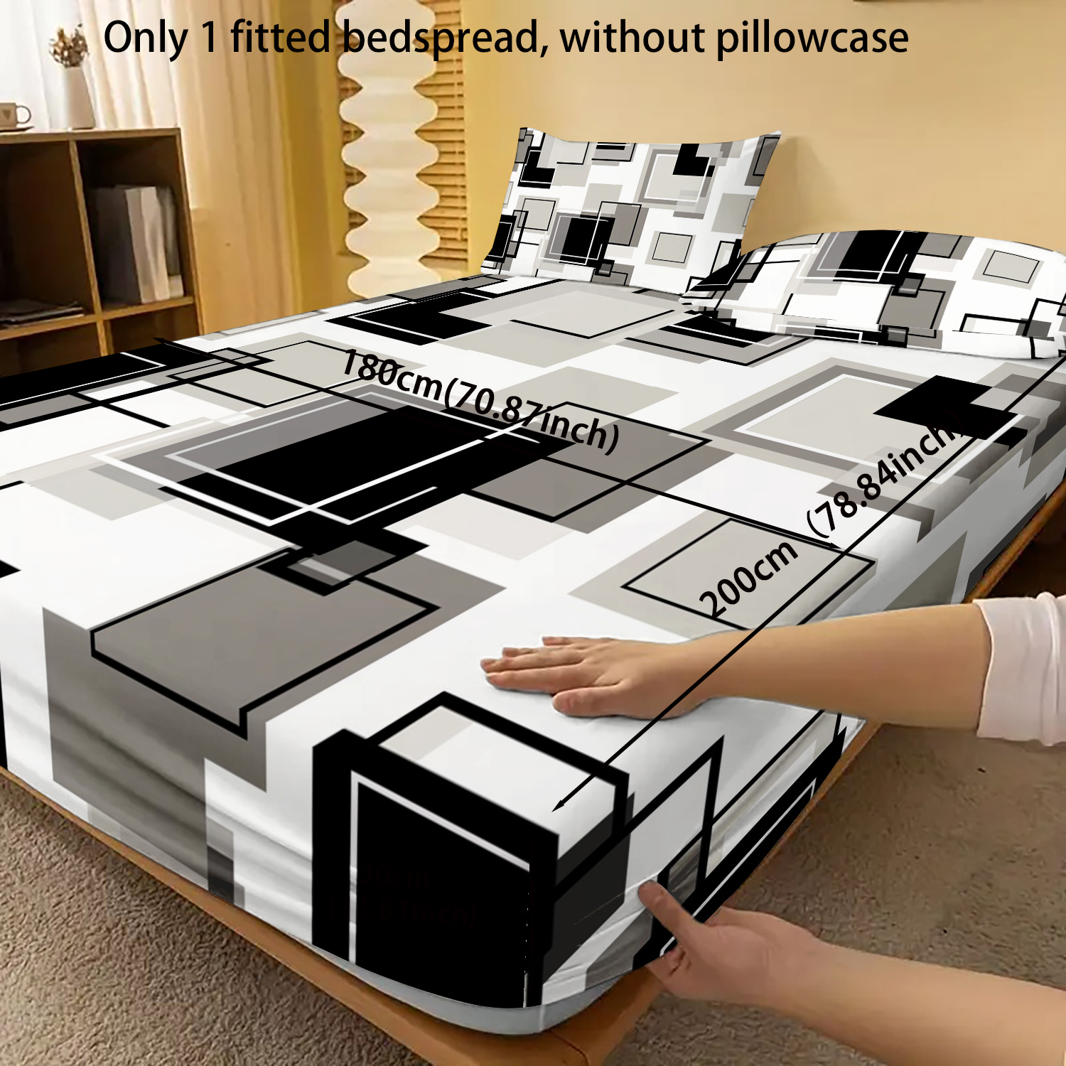 TEMU 1pc Black, White And Grey Squares Print Fitted Bedspread, Soft Comfortable Bedding Fitted Sheet, For Bedroom, , With Deep Pocket, Fitted Bed