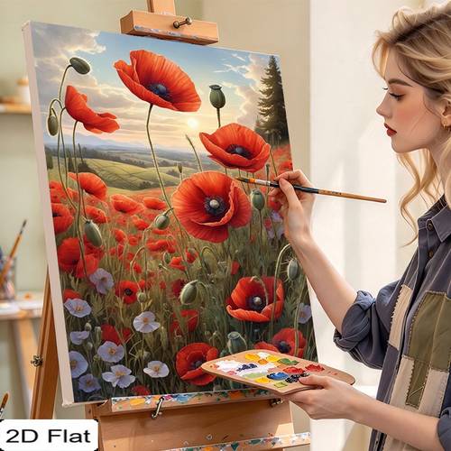 professional art use 2d flat diy frameless paint by numbers kit for beginners hand painted poppy field landscape scenery decorative painting sunset wall art living room bedroom entryway home decor hanging