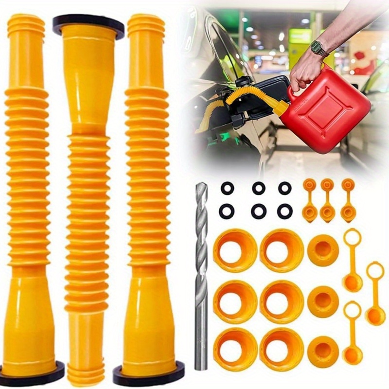 

Gas Can Spout Replacement, Gas Can Nozzle, (-yellow) With 6 Screw Collar Caps (3 Coarse Thread &3 Fine Thread-fits Most Of The Cans) With Gas Can Vent Caps, Rubber Pad, Spout Cover, Base Caps