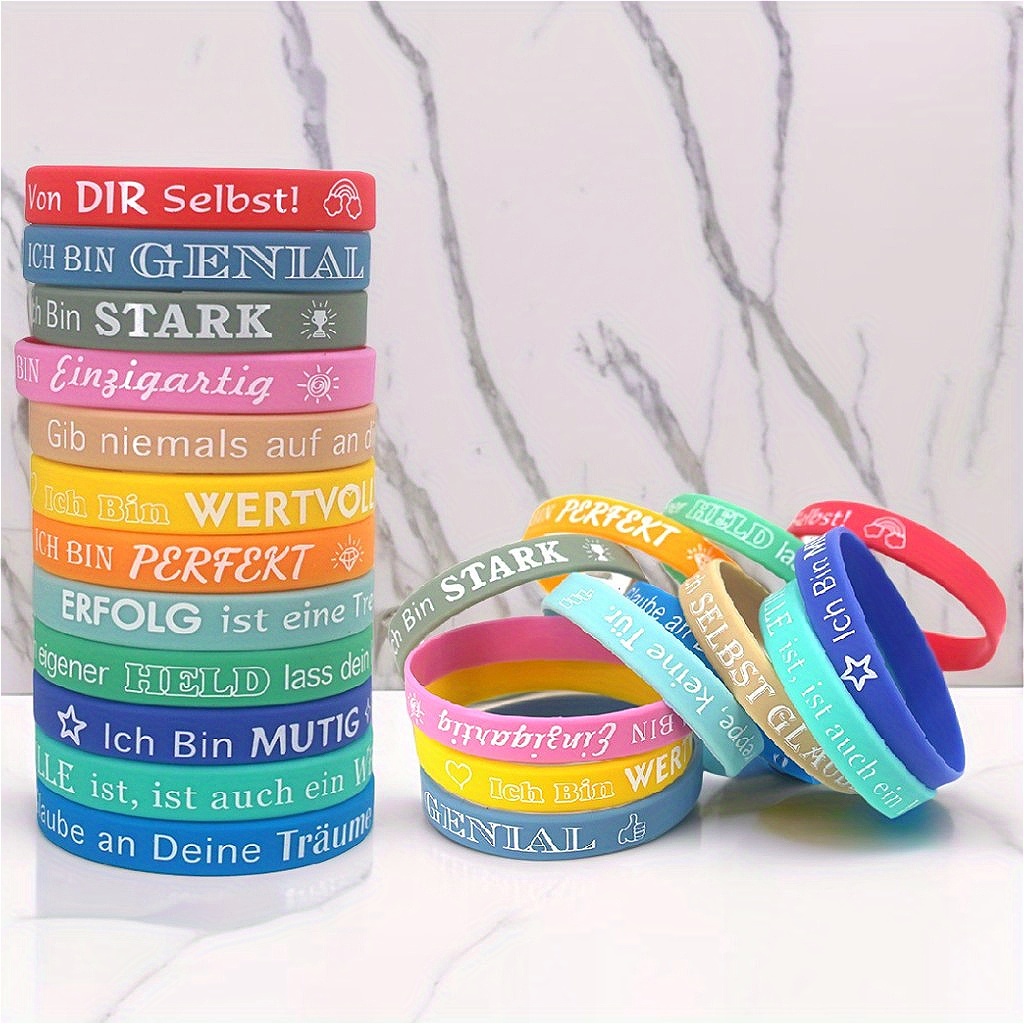 Image of Gift For Her/him 12pcs/ Set, Motivational Quote Bracelets Bulk Colored German Inspirational Quotes Wristbands Unisex Accessories For Women Men Teacher Home Office Party