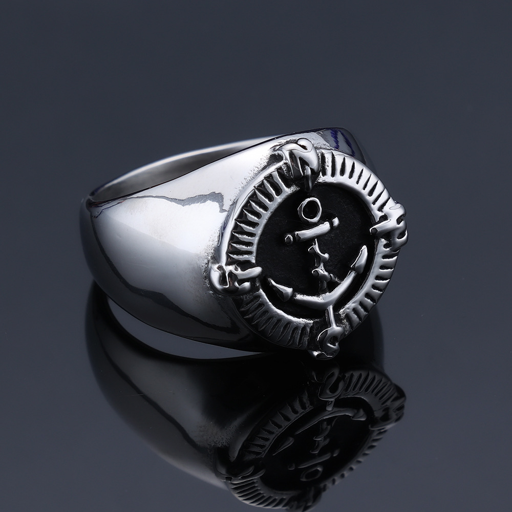 Image of Vintage Silvery 304l Stainless Steel Anchor Band Ring For Men, Trendy Fashion Style Wide Band, Nautical Inspired Accessory