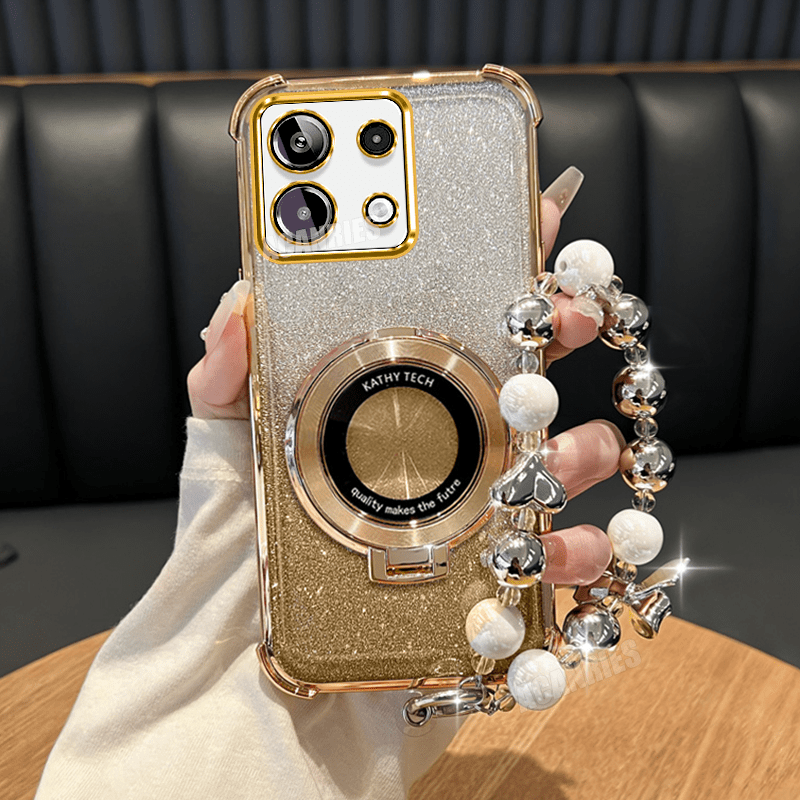 TEMU Phone Case - Note13pro Ring Folding Stand Holder Featuring A Plated Bead Lanyard Chain And A Luxurious Glitter Shockproof Tpu Case For Xiaomi