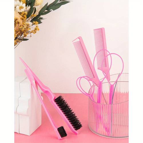 8pcs hair styling combs set 4pcs topsy hair tail tools 2 styles of rat tail comb 1pc bristle teasing slick back hair brush 1pc edge control brush eyebrow brush for woman girl pink
