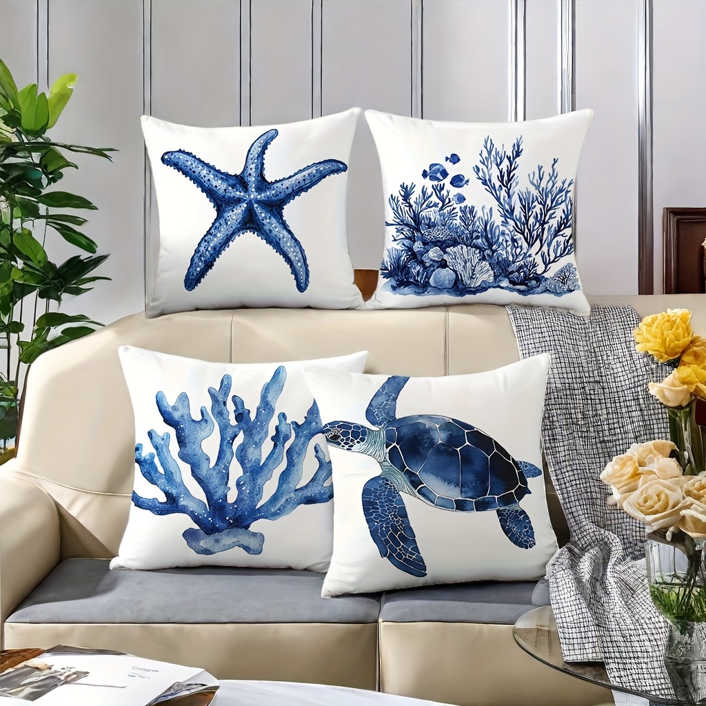 TEMU Cet ensemble de housses de coussin présente un style calme, d' océaniques sur un fond blanc. Convient pour la décoration intérieure, disponible