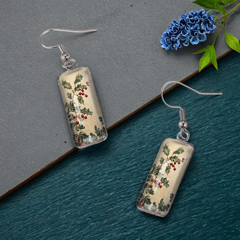 Square-Shaped Holly Leaves Handmade Glass Earrings