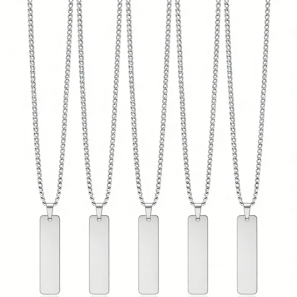 TEMU Lot de 5 étiquettes vierges à estamper en acier inoxydable avec chaîne de collier, pendentifs métalliques rectangulaires pour la fabrication de