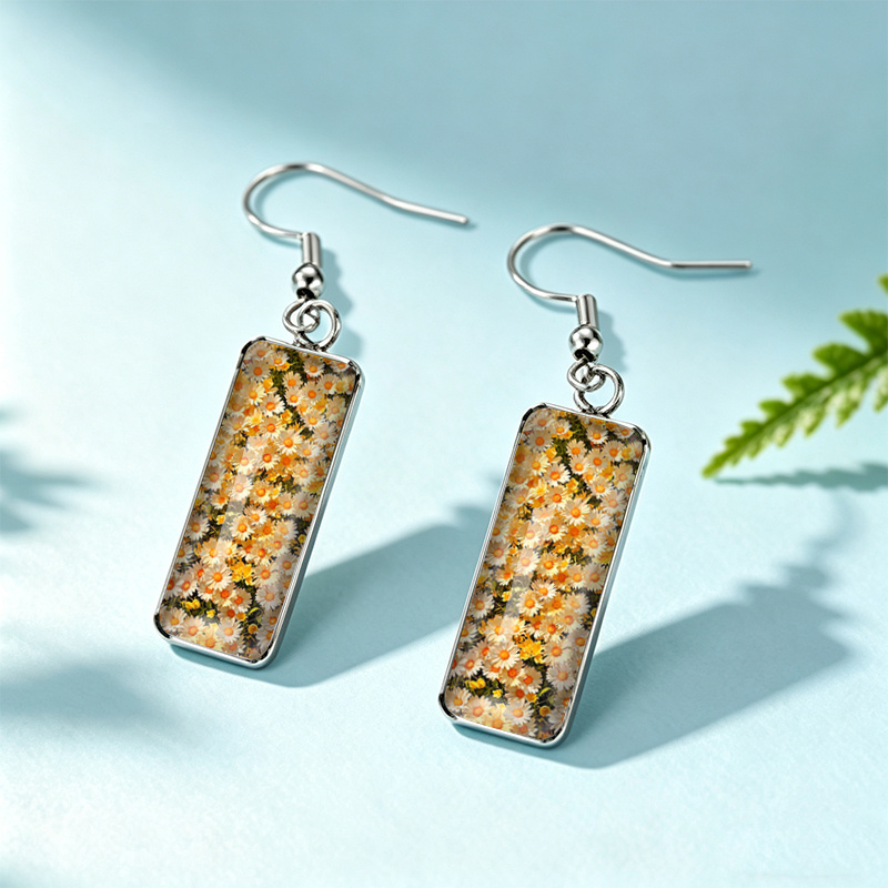 Daisies Blooming in The Sunshine Rectangular Pendant Earrings, Glass
