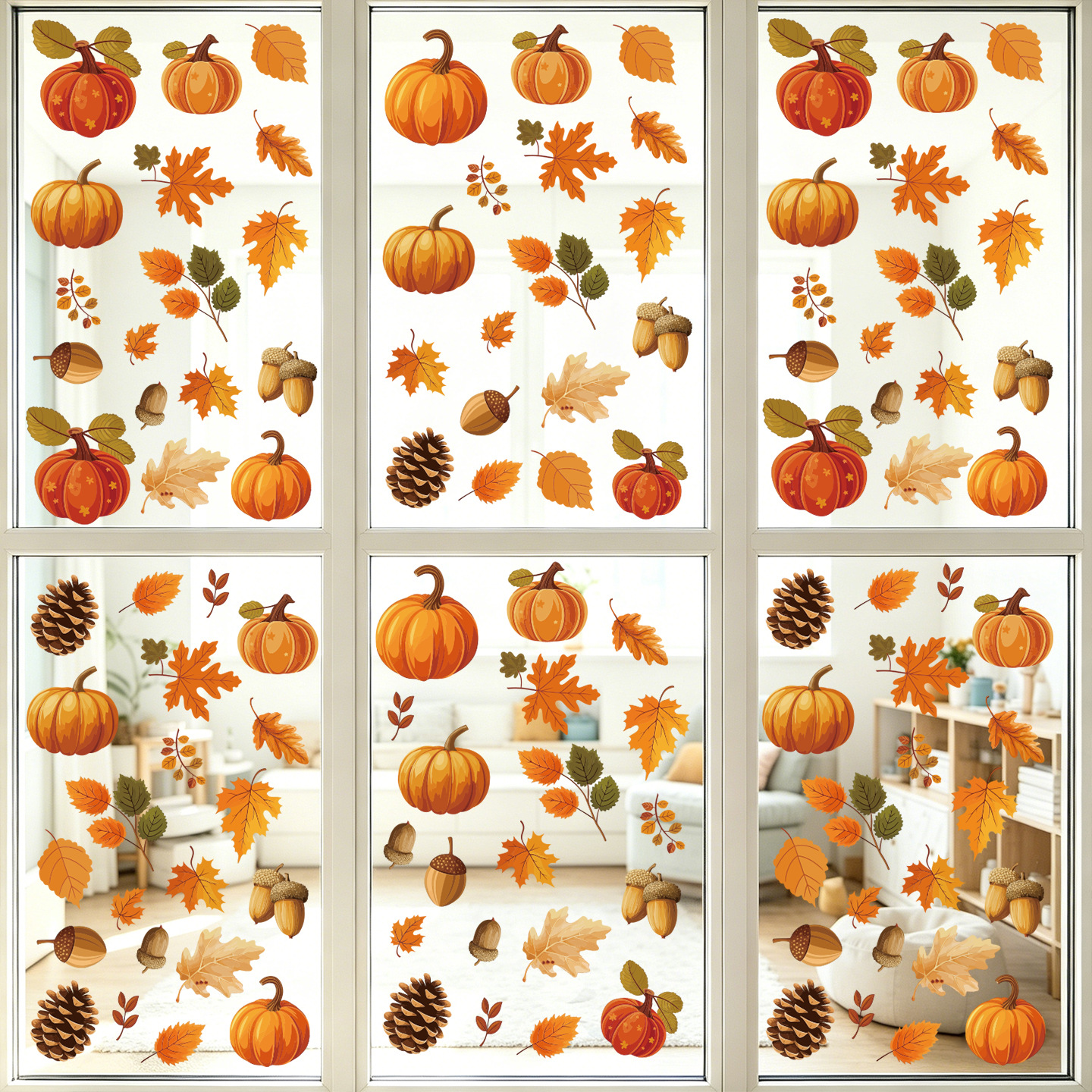 TEMU 2d Flat - 6pcs 2d Flat Pumpkin Maple Leaf Window Decals, Holiday Atmosphere Glass Static Clings For Storefront Display And Window Decoration