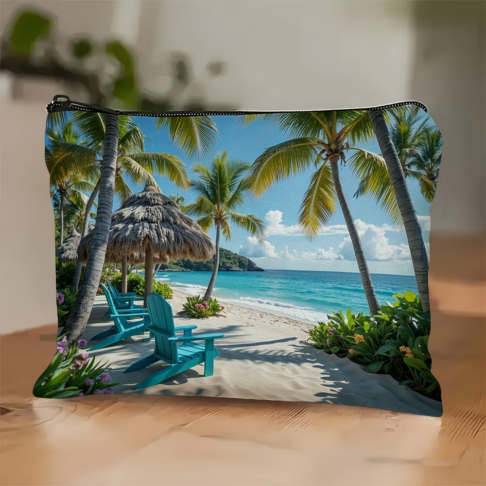 E-shop Tropischer Strand doppelseitige Make-up-Tasche aus Leinen – Palmen- türkisfarbenes Meeres-Design, hochwertiger Reise-Kulturbeutel, leichte