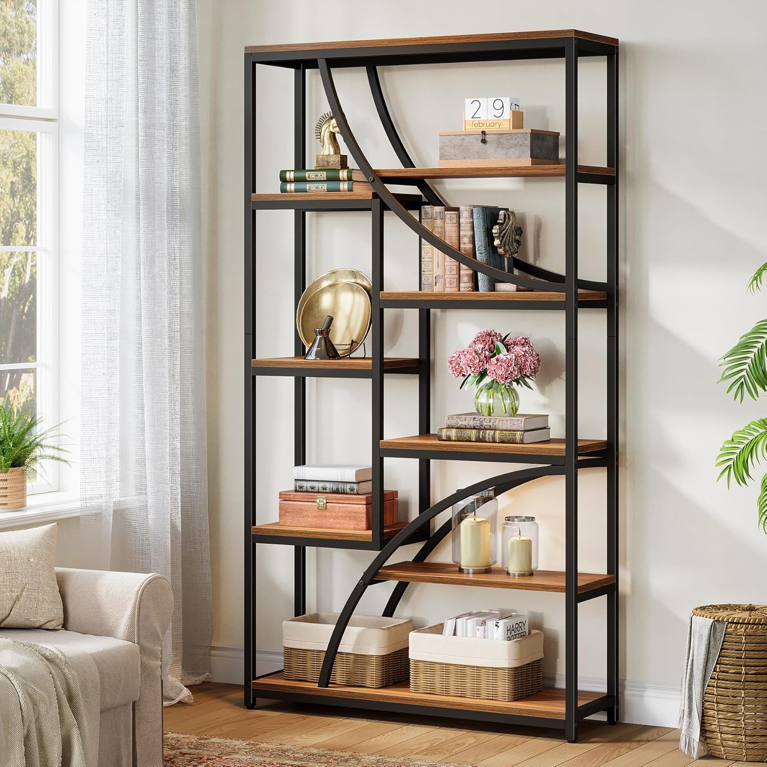 9-tier Tall Industrial Bookcase With Wood & Metal Frame - Large Modern Freestanding Shelf, Assembly In , Staggered Shelves & Display Shelf Suitable For Living Room, Office - ()