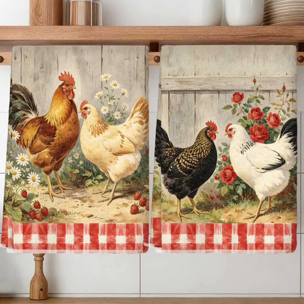 TEMU Lot de 2 torchons de cuisine style ferme poule et , adaptés au nettoyage, en microfibre douce et absorbante avec imprimé poule et , torchons à