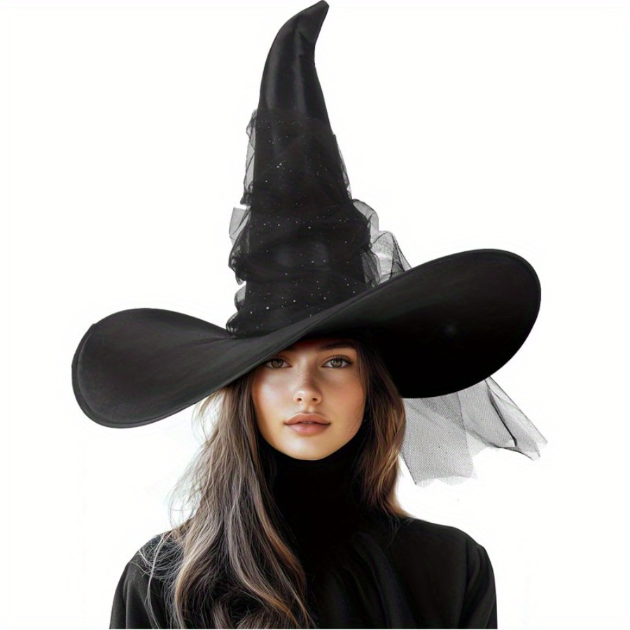 TEMU Halloween Witch Hat Women, Black Pointed Witch Costume Hat With Veil, Gothic Wide Brim , Spooky Season Party Cosplay Accessory, For Christmas
