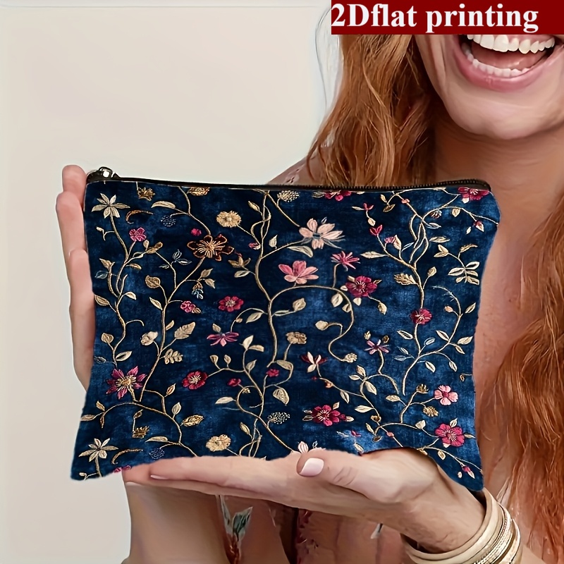 TEMU 2d Flat Print 1pc Luxurious And Elegant Blue Floral Pattern Makeup Bag, With Exquisite Floral Patterns. A Versatile Makeup Bag, Suitable For