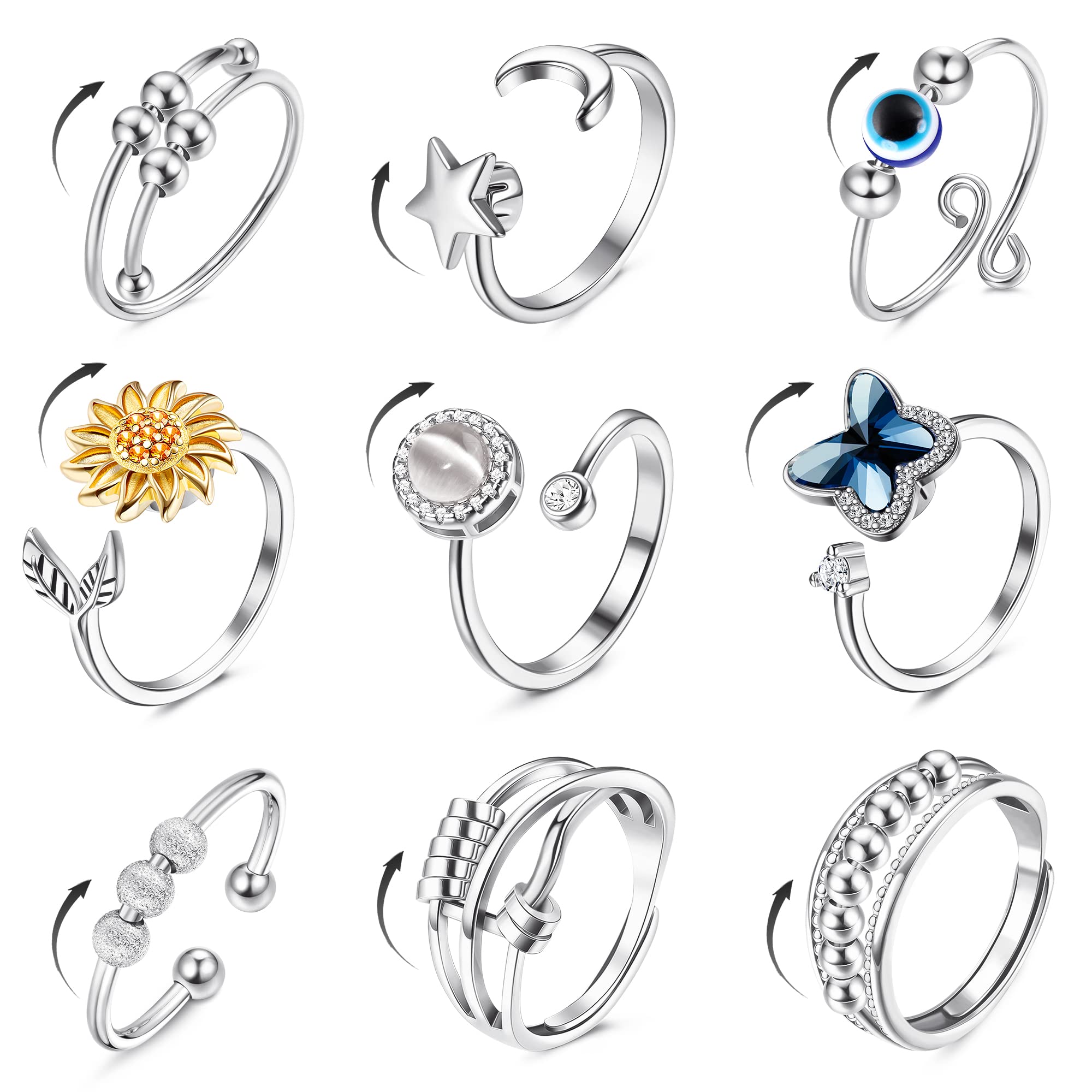 9pcs Spinning Rings For Women Adjustable Thumb Rings Rotating Bead Flower Rings
