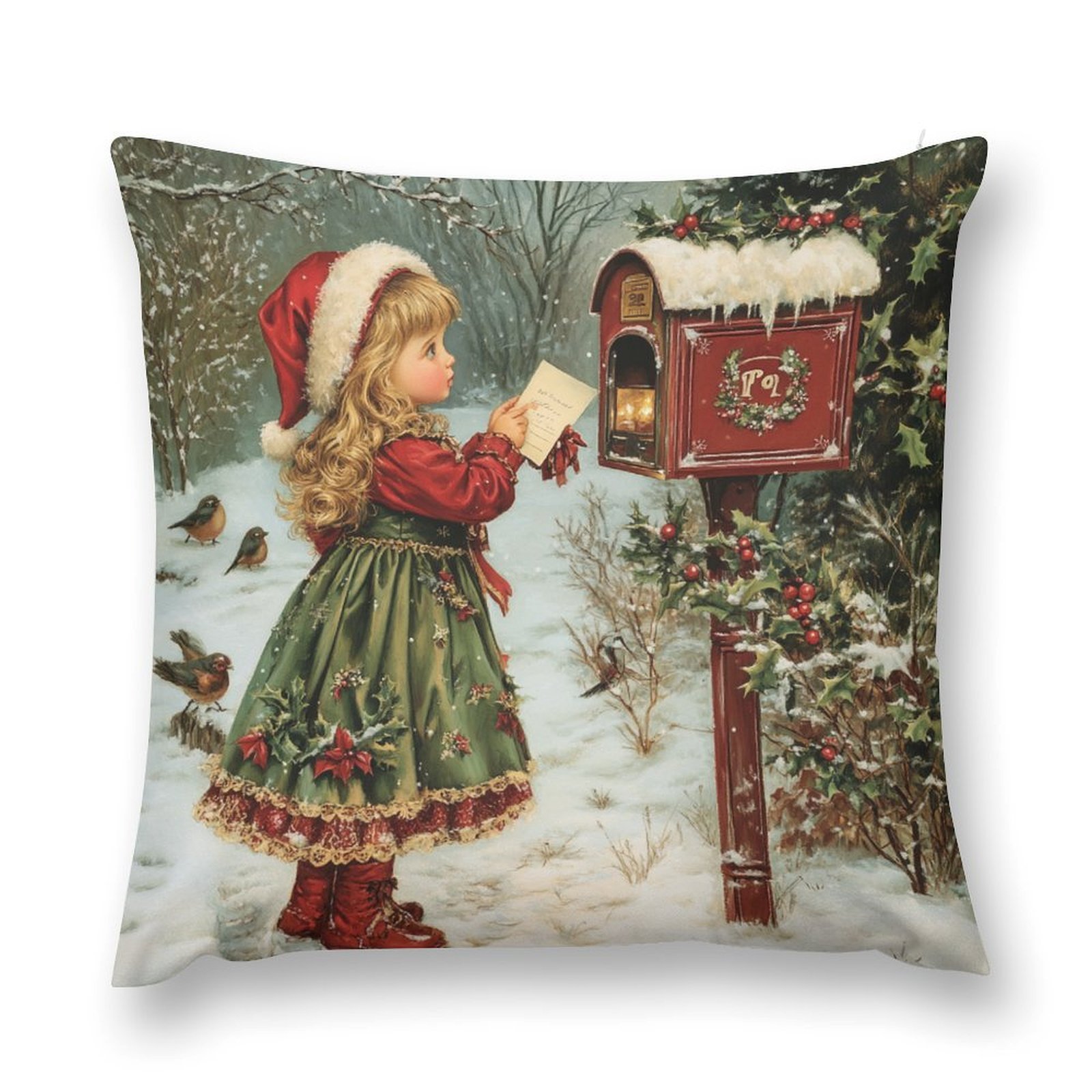 

1pc Merry Christmas Throw Pillow Cover - Girl In Snowy Scene Design, Red & Decor, Indoor/outdoor Party And Home Decoration, Machine Washable Polyester, Christmas Pillow Covers