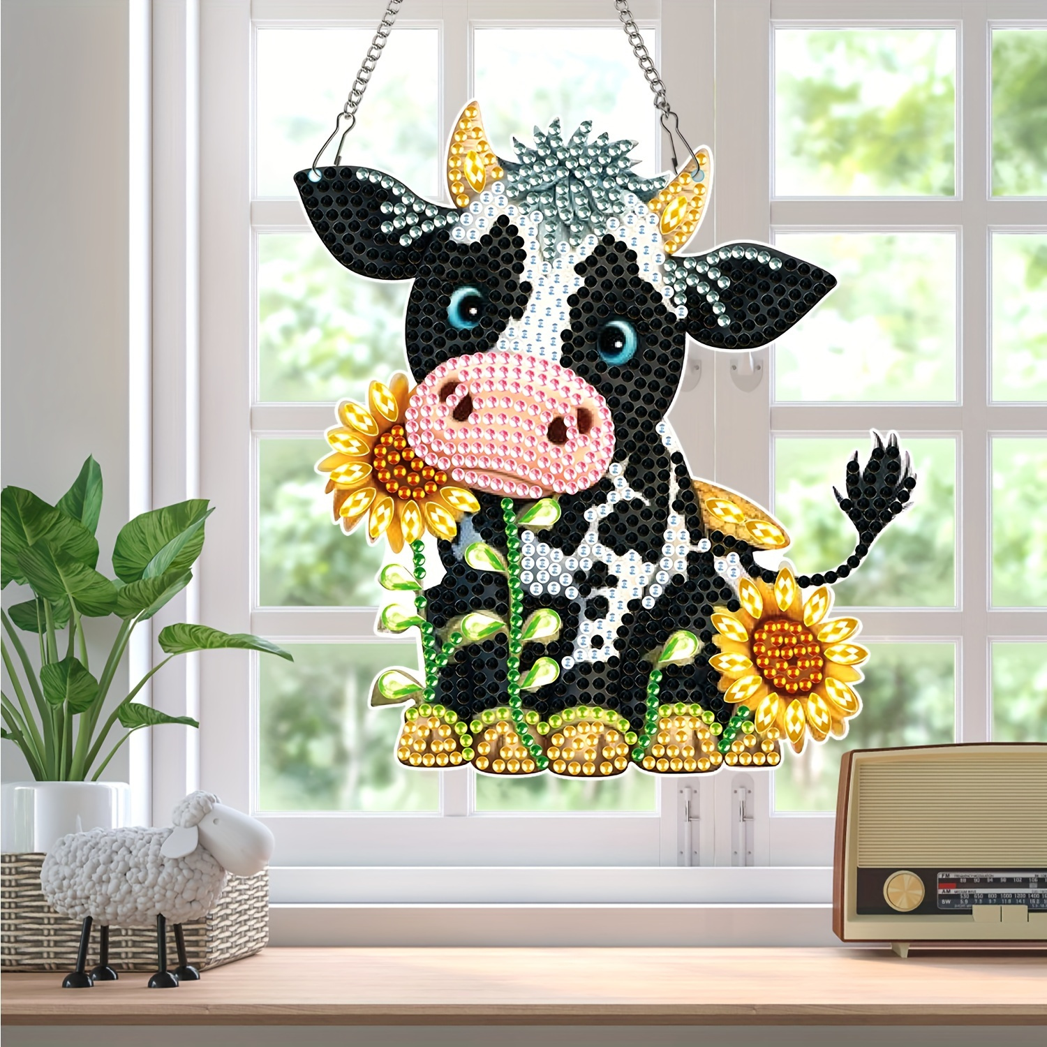 

Diy Cow & Sunflower Hanging Pendant - Unique Shaped Crystal Garland Ornament, Acrylic, For Home Decor & Gift, Cow Decor