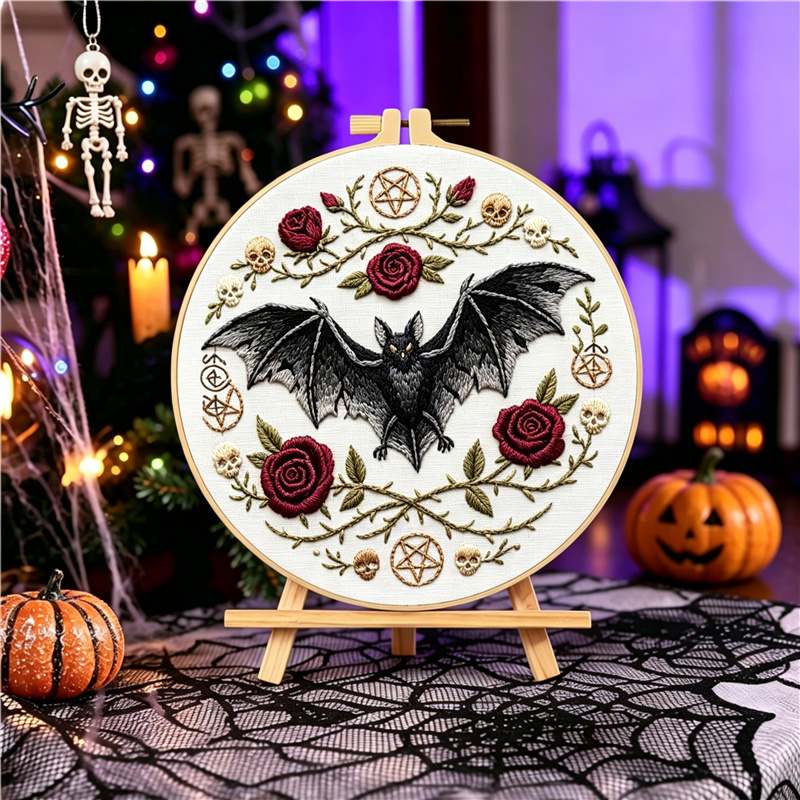 Gothic Black Bat Red Rose Skull Embroidery Kit for Beginners