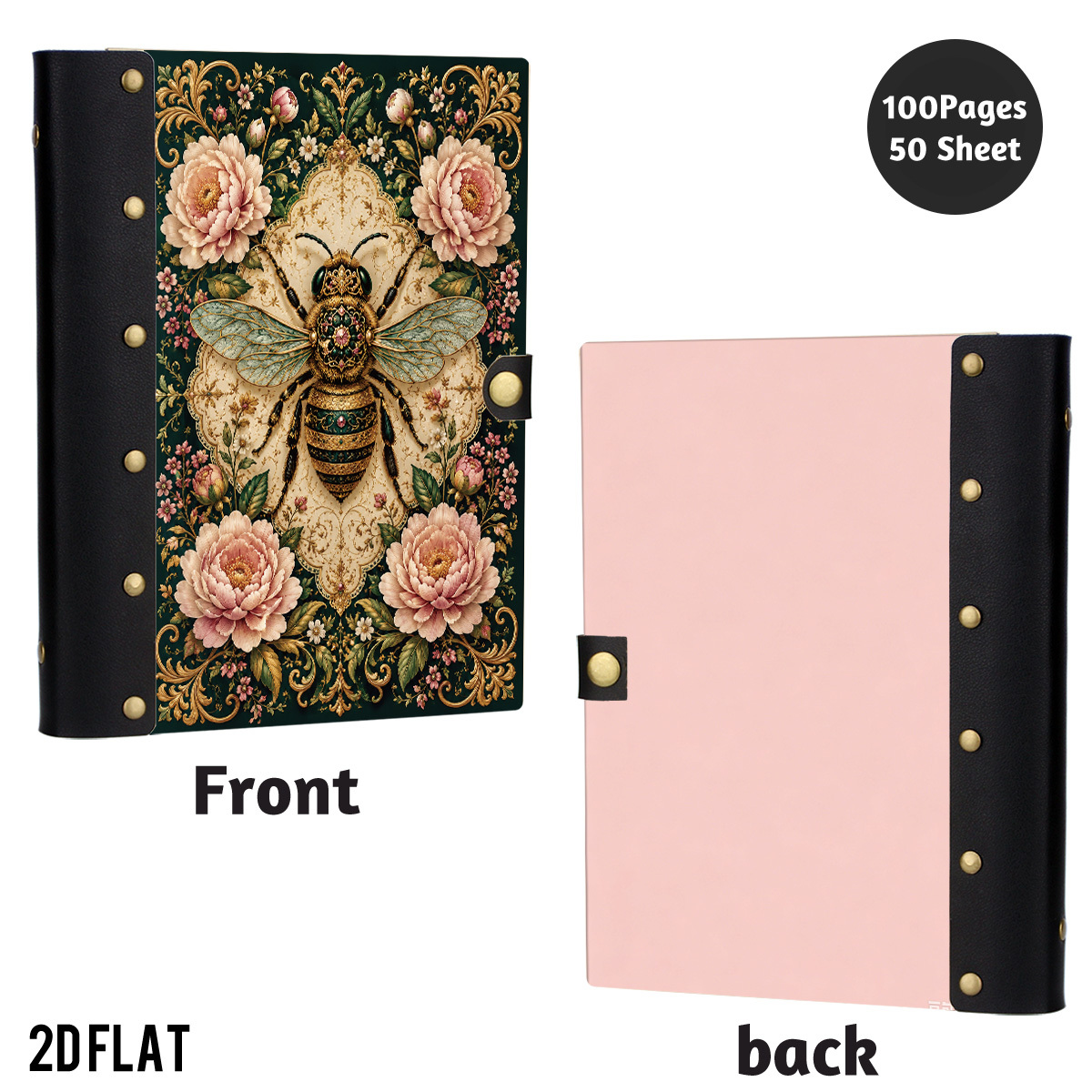 TEMU 1pc 2dflat Wooden Notebook, Hardcover Peony Vintage Floral Print, 100 Pages With Leather Rivet Craft Decoration, Wooden Hardcover Design, For