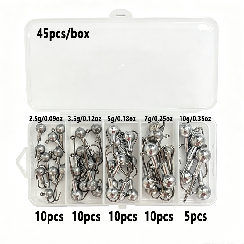 TEMU Kit de 45 piezas/ de anzuelos de cabeza de jig con redonda, señuelos de pesca de plomo de 2.5g/3.5g/5g/7g/10g, de anzuelo para señuelos tipo y
