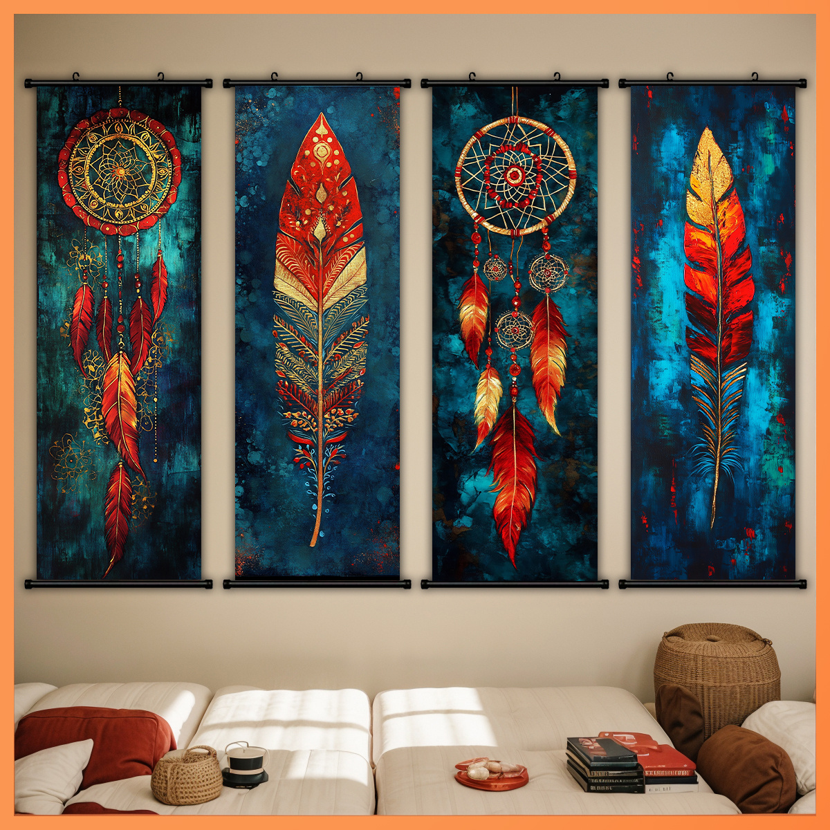 TEMU 2d Flat, -4pcs Vintage Dreamcatcher Feather Canvas Scroll Painting - Vintage Tribal Style Wall Decor, Plastic Frame, Great For Living Room,