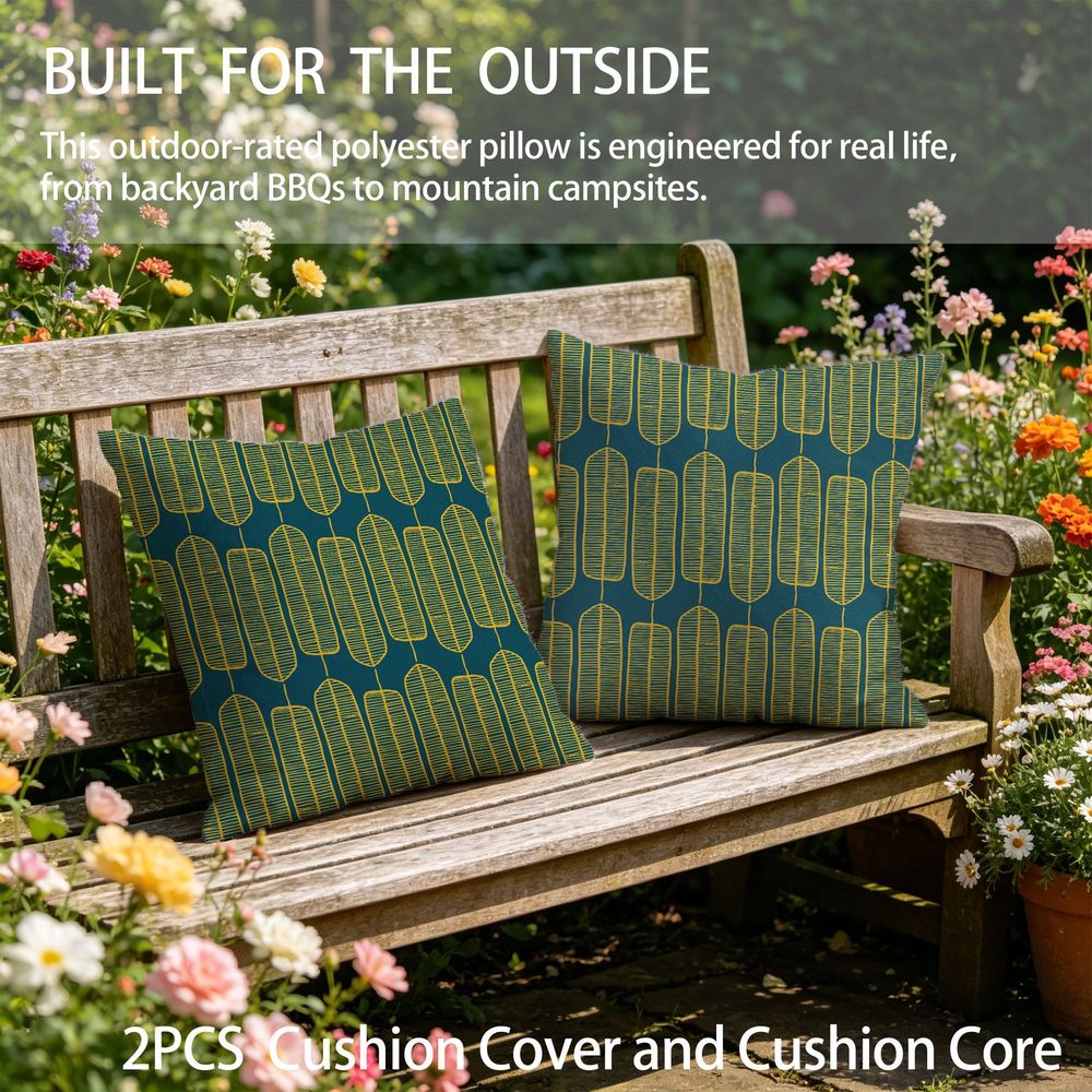 Outdoor Pillows 2pcs Set with InsertAbstract Golden Teal Geometric Seed Pod Pattern Print 18x18 Inch Outdoor Throw Pillow with Insert, Water-Resistant Fabric for Patio Garden Sofa Bench and All-Season Home Decor Decoration with Insert