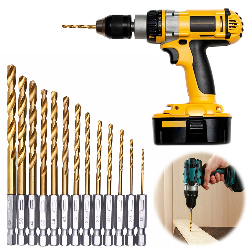 

13pcs Titanium Coated Hex Shank Drill Bit Set, 1/4" - 1/16" Sizes, Design Drivers - Hss Twist Drills For Metal, Wood, Plastic, Aluminum Alloy