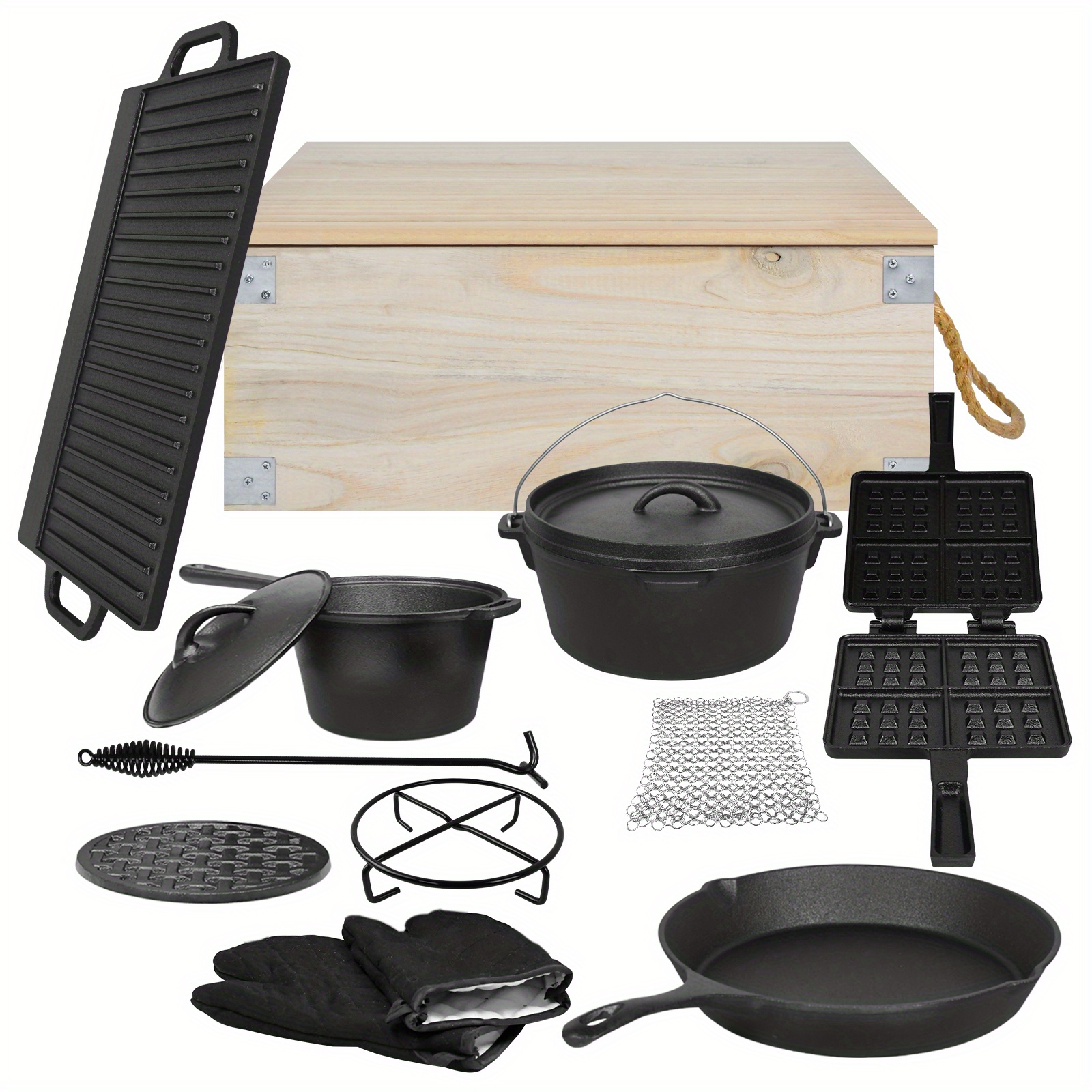 TEMU Dutch Oven Set Enschließt Viele Zubehörteile, 11 Stücke In Einer Holzkiste, Fondue-Pot, Bratpfanne, Gusseisen