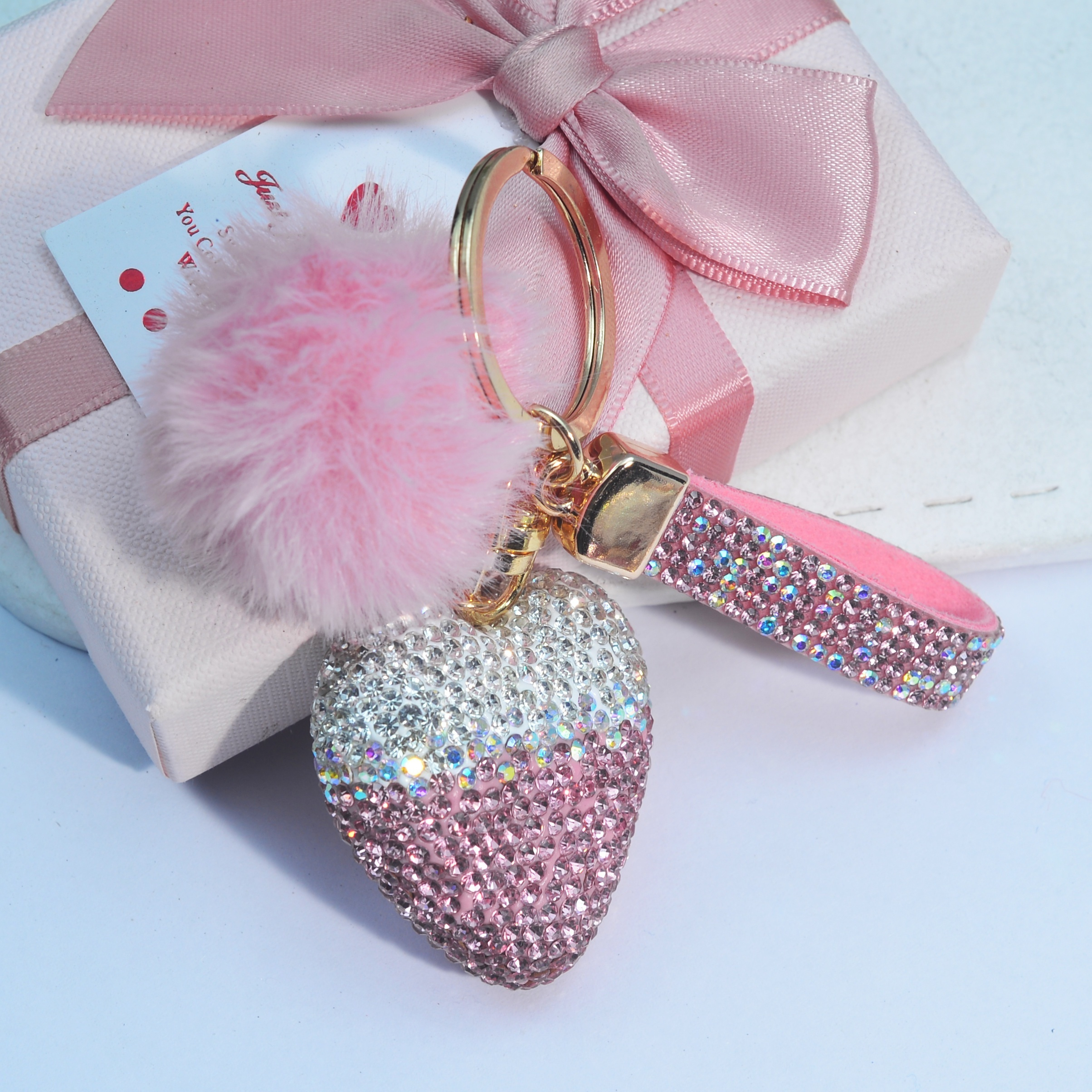 Image of Soft Clay Rhinestone Cute Pink White Strawberry Keychain Pendant For Women's Bag Car Key Chain Love Decoration Gift For Mom Girlfriend Party Holiday Birthday Present