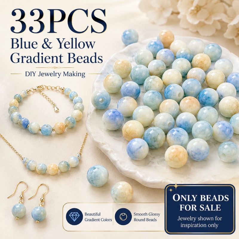 TEMU 33pcs, Perles en verre brillant dégradé bleu-jaune de 10 mm, Matériaux de bijoux, Tiges de perles de bijoux, Fait main, Fournitures décoratives,