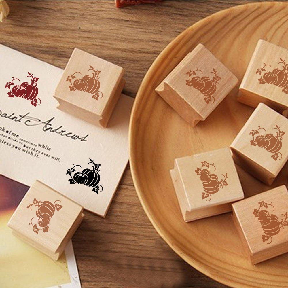 Vintage Wooden Rubber Stamp with Vine Leaves and Pumpkin Design
