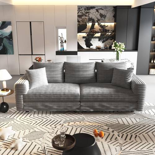 82 7 plush corduroy 3 seater sofa modern comfortable upholstered couch deep seating sofas with soft cushions convertible deep seat sofa lounge chair for living room bedroom apartment office in grey