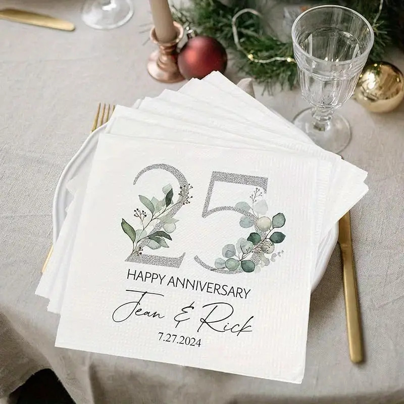 TEMU Personalized Anniversary Napkins - Custom Names And Dates - Elegant , Suitable For 25th, 30th, 50th, And 60th Wedding Anniversaries And Wedding