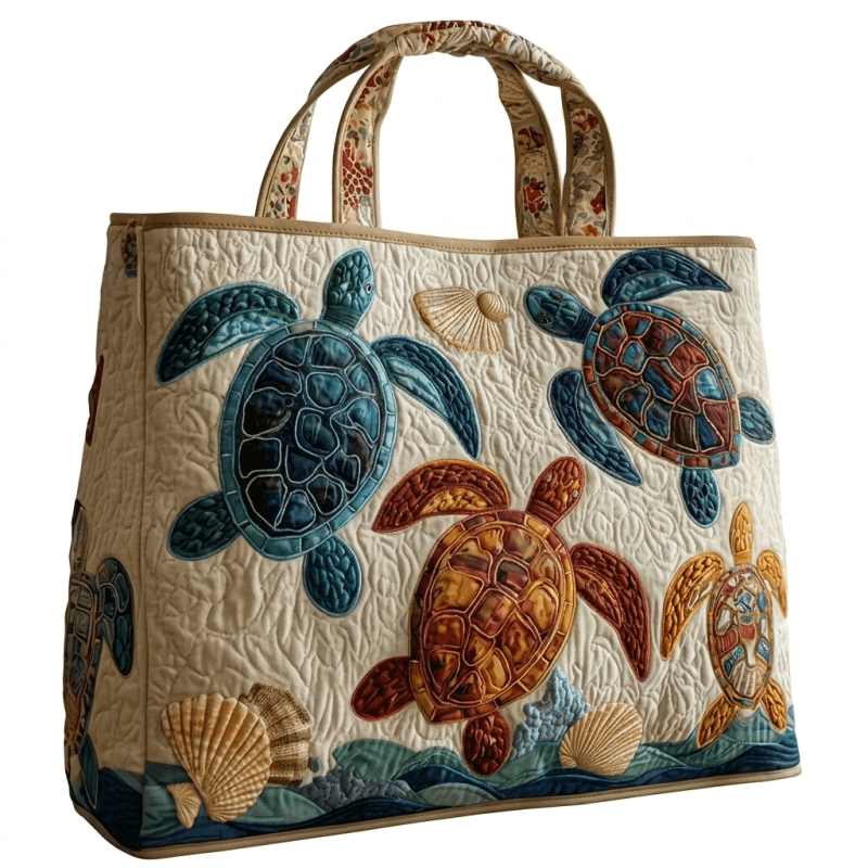 TEMU 1pc Sea Turtle And Seashell 3d Print Quilted Tote Bag, Large Capacity Reusable Shoulder Handbag, Lightweight Durable Beach Tote For Women,