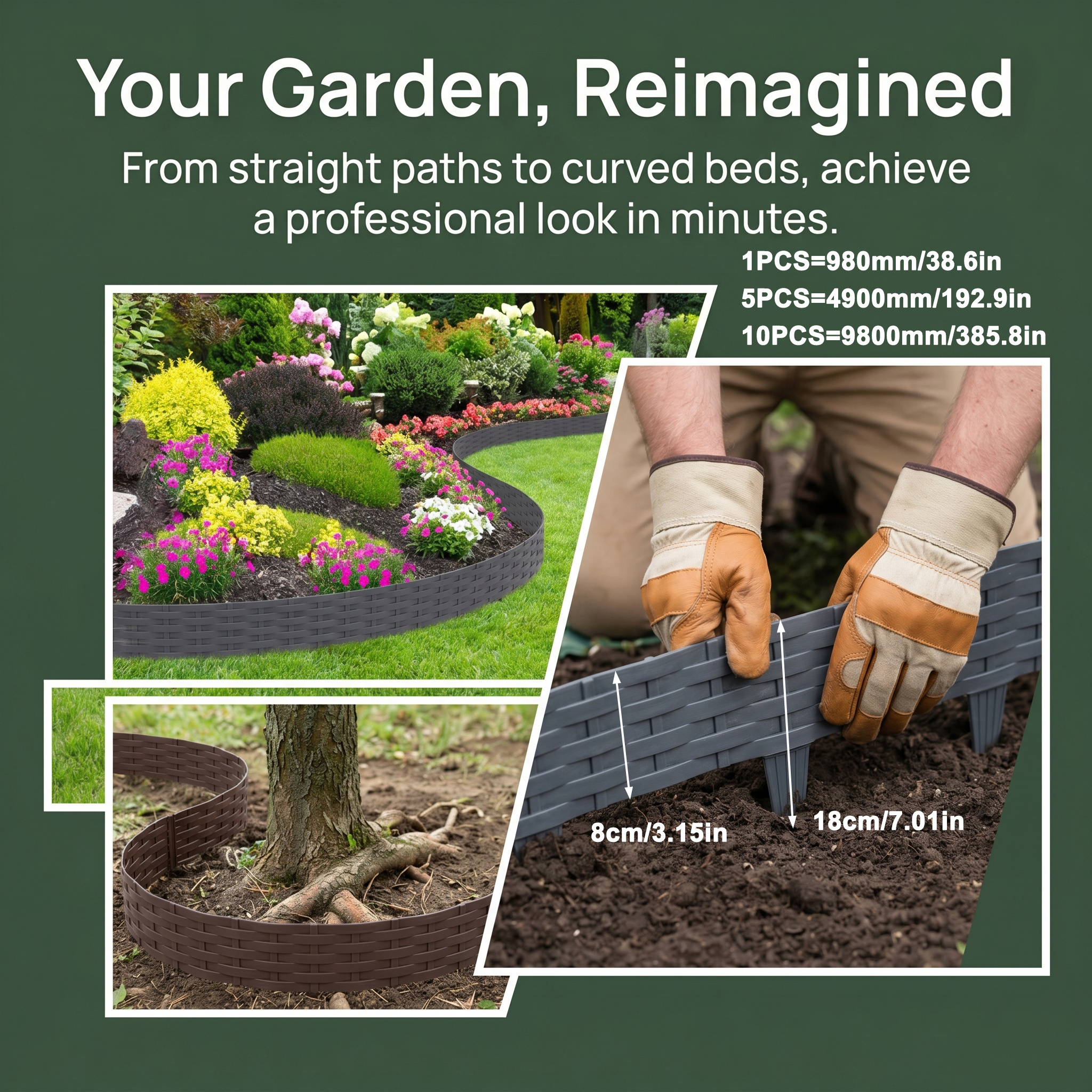 Image of [3d] 5/10pcs Plastic Rattan Design Lawn Edging, Flower Bed Border, Garden Fence, Wicker Fence With Flexible Ground Spikes