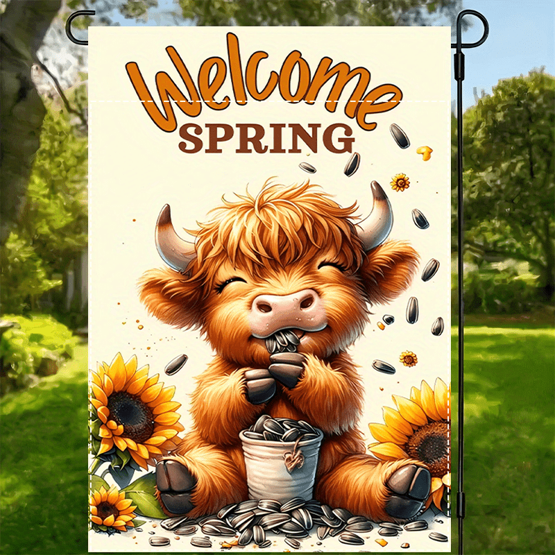 TEMU 2d Flat, Welcome Flag- Cute Highland Cow& Sunflowers Design, Double-sided, Outdoor Decor, Yard Decorative, House Flags 2d Flat Zztm06, 2d Flat