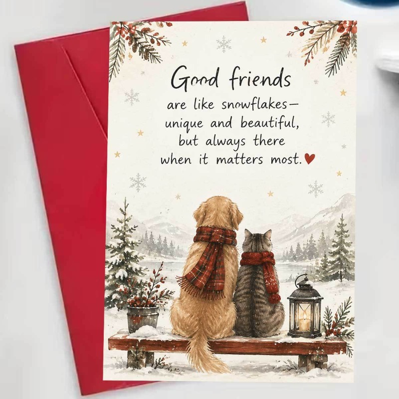 TEMU Carte de vœux de Noël hivernale pour chat et chien, [Carte plate 2D], représentant un chat et un chien portant des écharpes rouges de neige avec