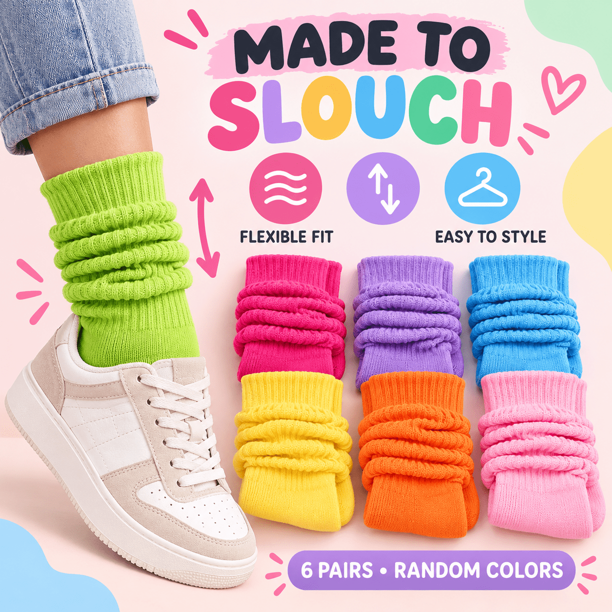 TEMU 6 Pairs Candy Color Slouch Socks For Women, Soft Ribbed Scrunch Socks In Assorted Random Colors, Stretchy Casual Boot And For Daily Outfits,