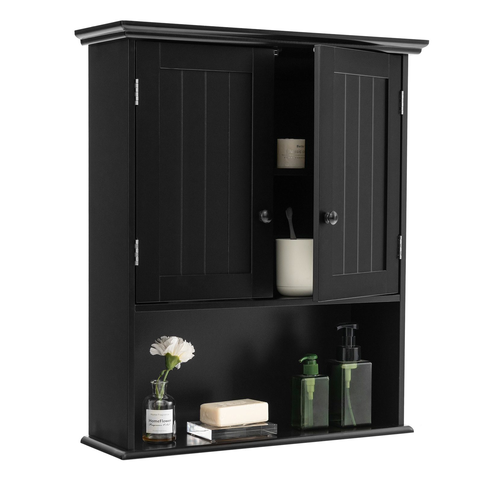 Image of Bathroom Wall Cabinet, Wall Mounted Medicine Cabinet W/ 2 Doors, Adjustable Shelf & Open Shelf, Suitable For Laundry, Bathrooms, And Living Rooms