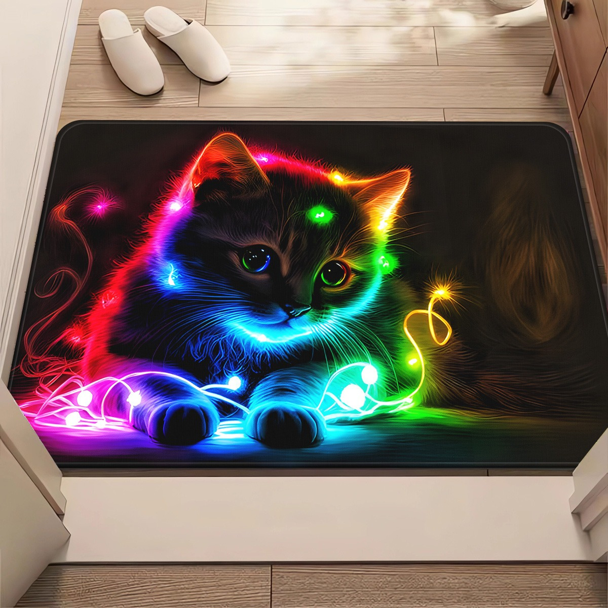 TEMU 1pc Tapis Chat au Néon - Impression HD 650gsm Antidécollant Absorbable en Polyester, Lavage Machine pour Salle de Bain/Cuisinierie Salons