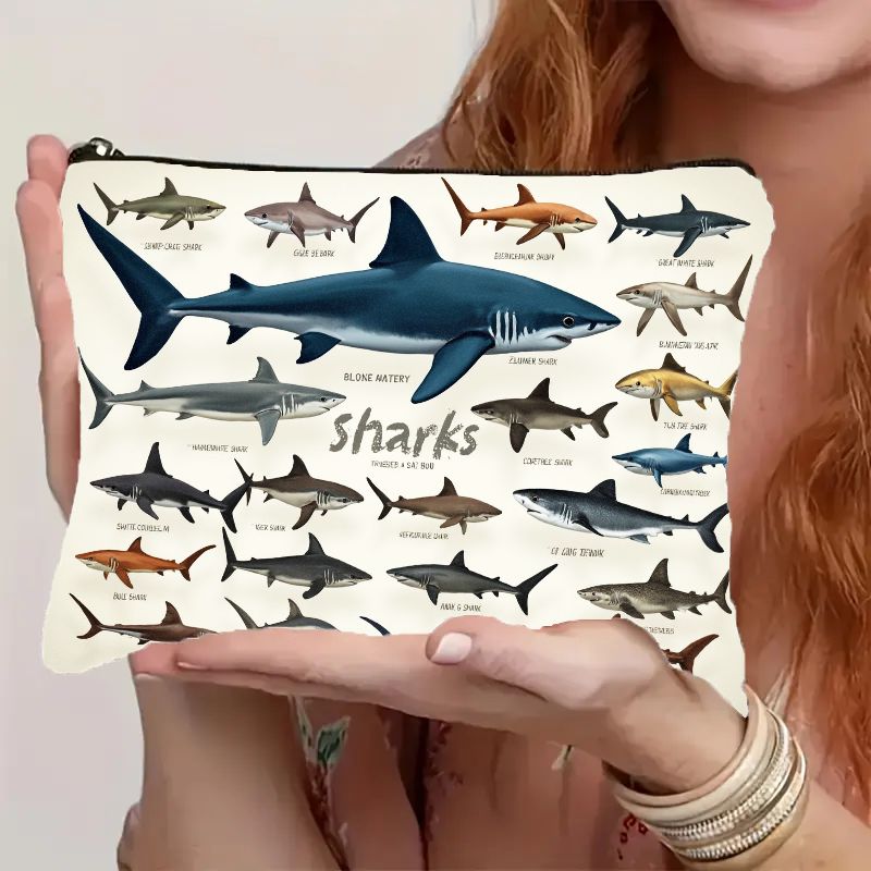 TEMU Sac à Cosmétiques Imprimé de Requins 2D Plat et Vibrant avec Fermeture Éclair - Léger, Portable, Durable, Organisateur de Maquillage Résistant à