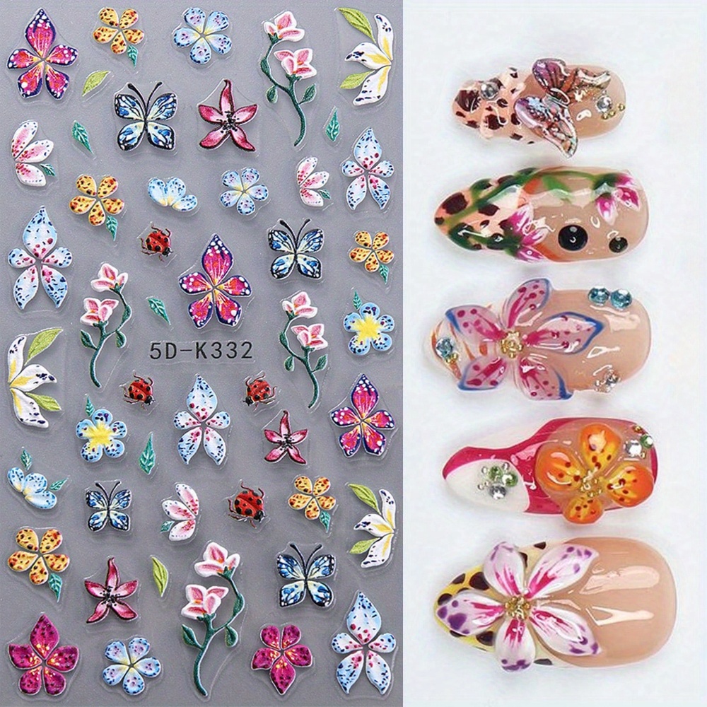 Image of 1pc 5d Embossed Leopard Hibiscus Flower Nail Art Stickers Featuring Colorful Lily Floral Designs, Petals, And Spring-summer Plant Nail Charms For Women And