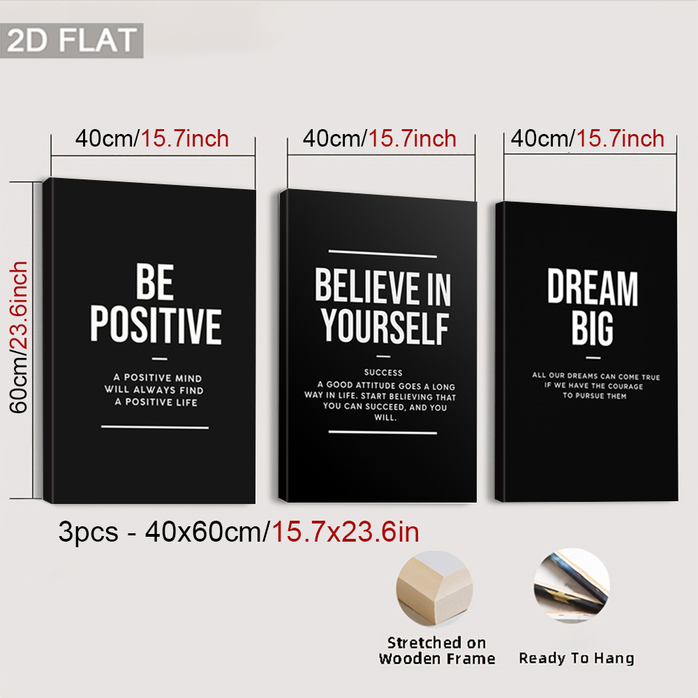 E-shop 2D Flat, 2D Flat, 3er-Set gerahmte Leinwandbilder mit Motivationszitaten, entworfen, um ein positives Mindset zu inspirieren. Diese