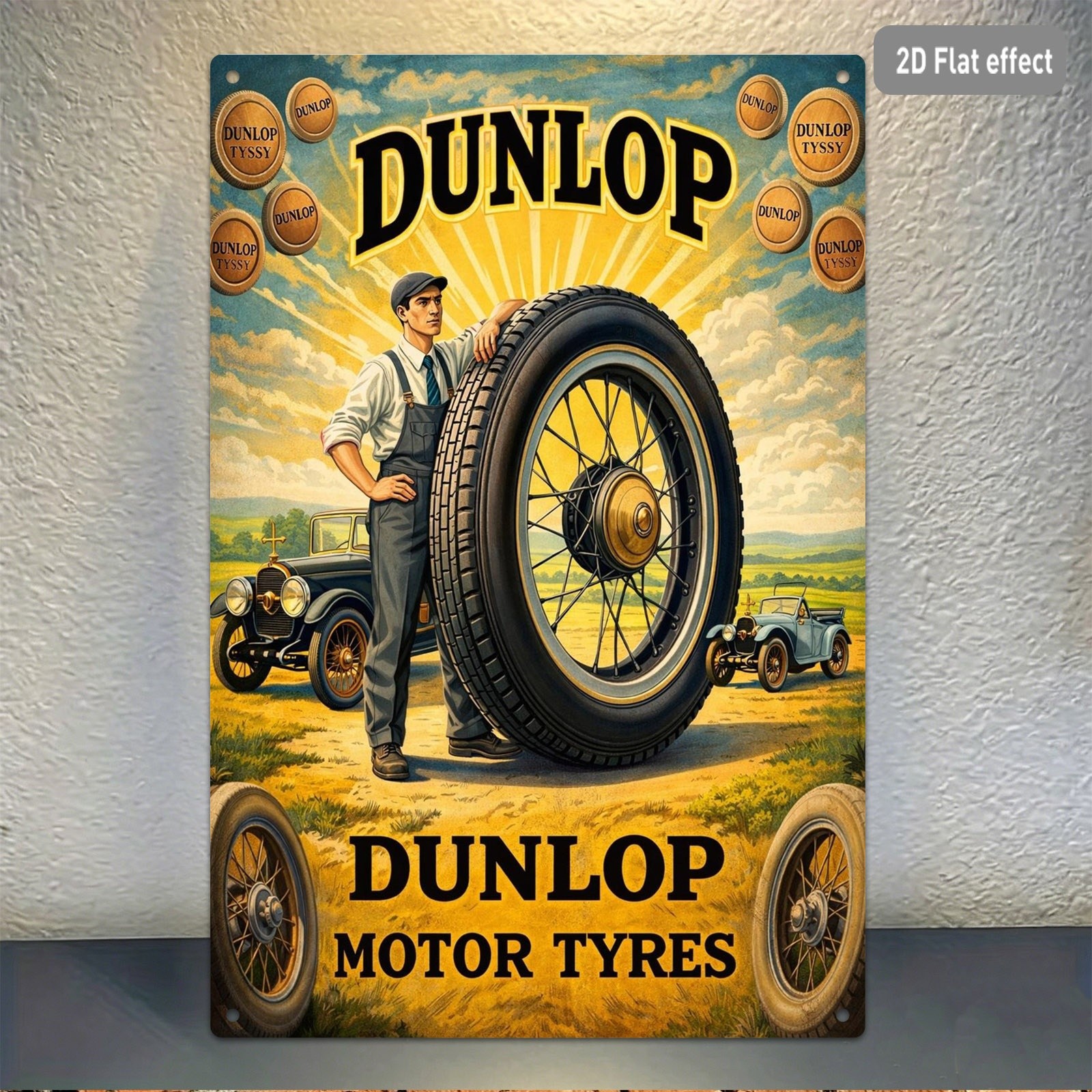 TEMU 1pc Vintage Dunlop Motor Tyres Retro Metal Decor Sign, 20x30cm Nostalgic Early 20th Century Automotive Design Wall Hanging Plaque, Ideal For